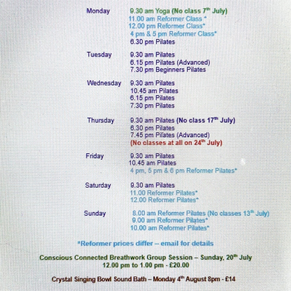 TIMETABLE FOR JULY - BOOKING NOW